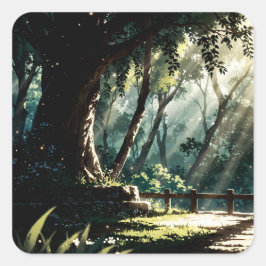 Pegatina Cuadrada Sunlit anime forest glade