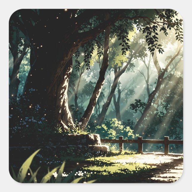 Pegatina Cuadrada Sunlit anime forest glade (Anverso)