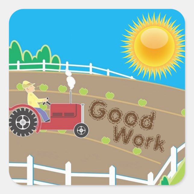 Pegatina Cuadrada Sunny Farm Tractor Niños Buen Trabajo Recompensa (Anverso)