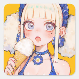 Pegatina Cuadrada Sunny Scoop Anime Chica con vainilla Cone
