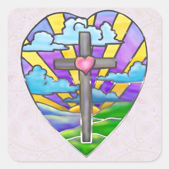 Pegatina Cuadrada Sunrise Católica Folk Art Easter (Anverso)