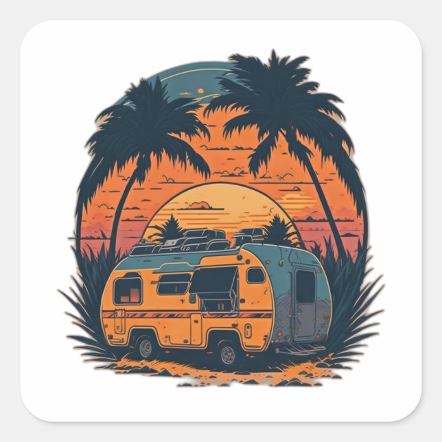 Pegatina Cuadrada Sunset Beach Caravan (Anverso)