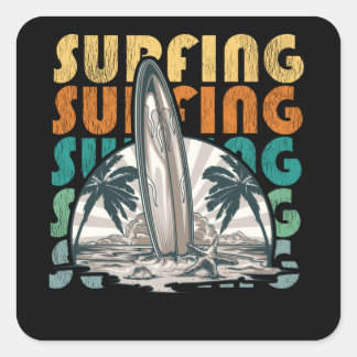 Pegatina Cuadrada Sunset Beach Surfing, Vintage Surfboard Surface