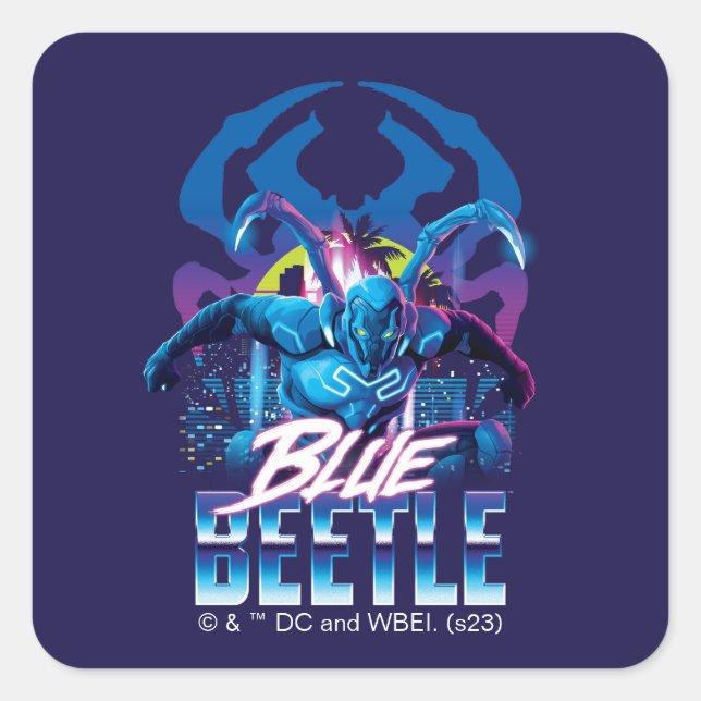 Pegatina Cuadrada Sunset de Blue Beetle Retrowave City (Anverso)