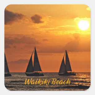 Pegatina Cuadrada Sunset hawaiano, Waikiki Beach,