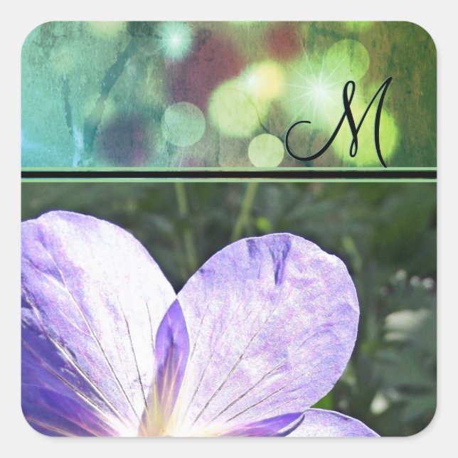 Pegatina Cuadrada Sunshine de flores moradas (monograma) (Anverso)