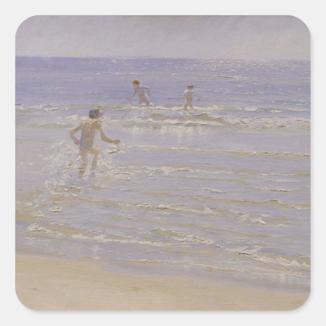 Pegatina Cuadrada Sunshine en Skagen: Boys Swimming, 1892 (Anverso)