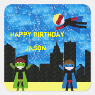 Pegatina Cuadrada Super Hero Boys Bithday Fiesta