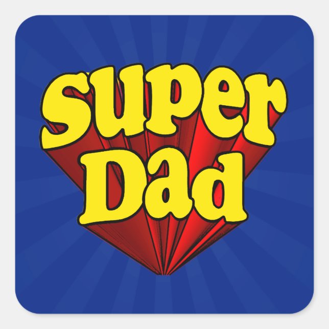 Pegatina Cuadrada Super Papá, Día del Padre Azul/Rojo Superhéroe (Anverso)