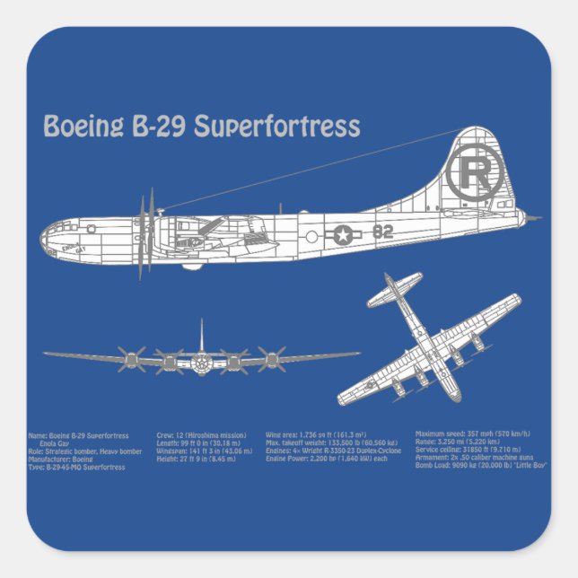Pegatina Cuadrada Superfortaleza B-29 - Planes de diseño aéreo ABD (Anverso)