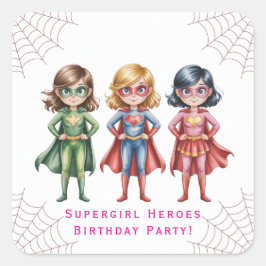 Pegatina Cuadrada Supergirl Heroes fiesta de cumpleaños para Chicas