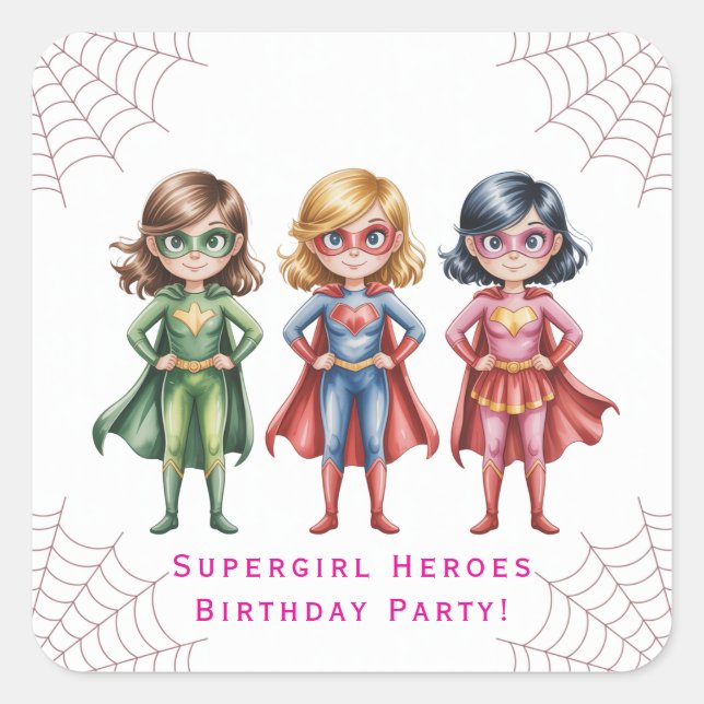 Pegatina Cuadrada Supergirl Heroes fiesta de cumpleaños para Chicas (Anverso)