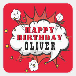 Pegatina Cuadrada Superhéroe discurso cómico Bubble Boy Feliz cumple