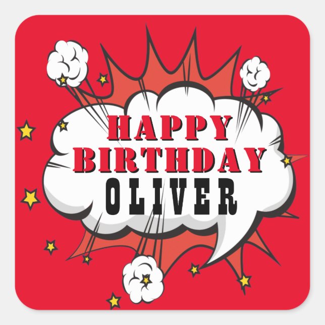 Pegatina Cuadrada Superhéroe discurso cómico Bubble Boy Feliz cumple (Anverso)