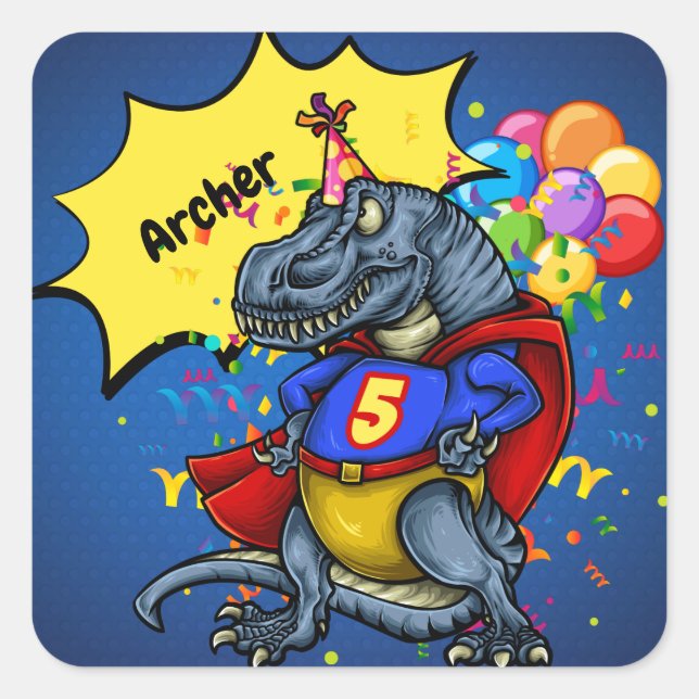 Pegatina Cuadrada Superheroína T-Rex 5 cumpleaños (Anverso)