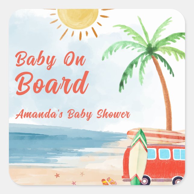 Pegatina Cuadrada Surf Beach Baby A Bordo Baby Shower (Anverso)