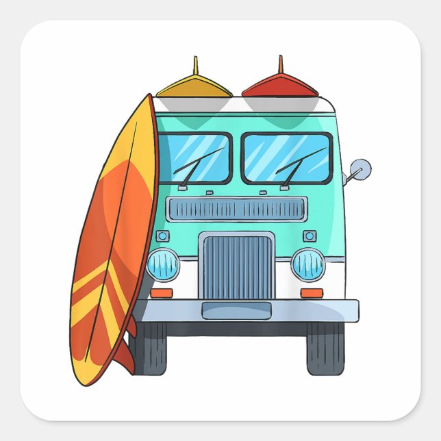 Pegatina Cuadrada Surf Van Surfboard Palm Trees Surfing Surfing Surf (Anverso)