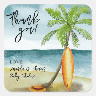 Pegatina Cuadrada Surfboard color agua en la playa - gracias