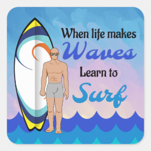 Pegatina Cuadrada Surfboard Ocean Waves Blue Motivation Cita