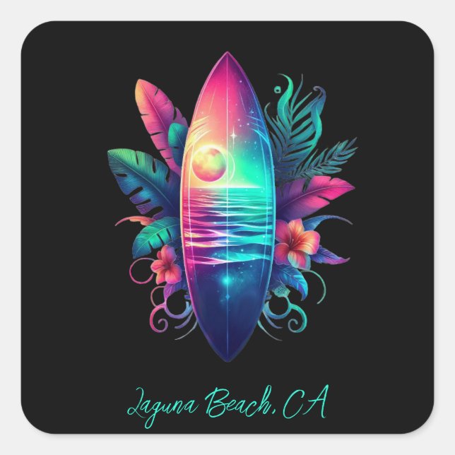Pegatina Cuadrada Surfboard Tropical Beach- (Anverso)