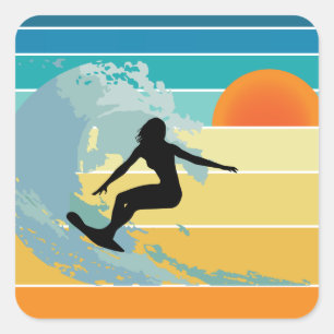 Pegatina Cuadrada Surfer Chica Vintage Sunset