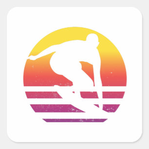 Pegatina Cuadrada Surfer Retro Surfing Sunset