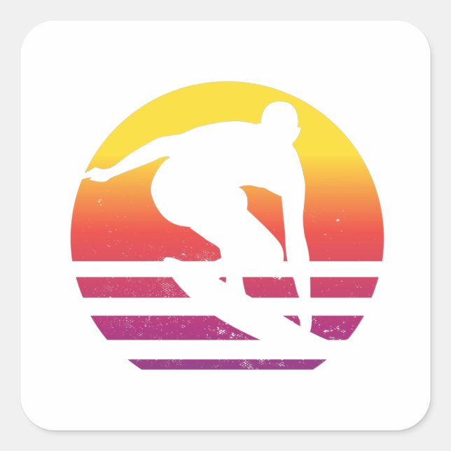 Pegatina Cuadrada Surfer Retro Surfing Sunset (Anverso)