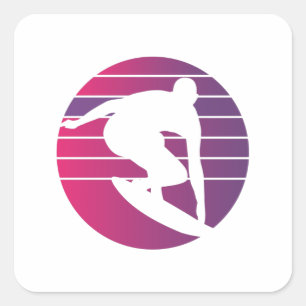 Pegatina Cuadrada Surfer Retro Surfing Sunset