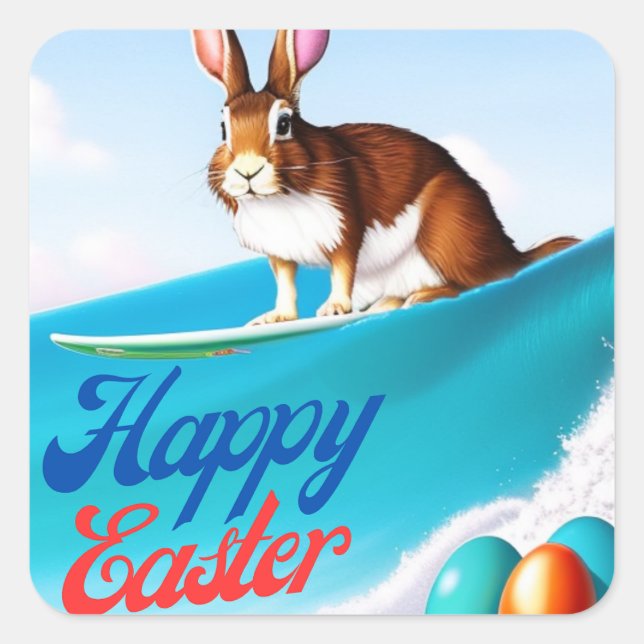 Pegatina Cuadrada Surfing Easter Bunny (Anverso)