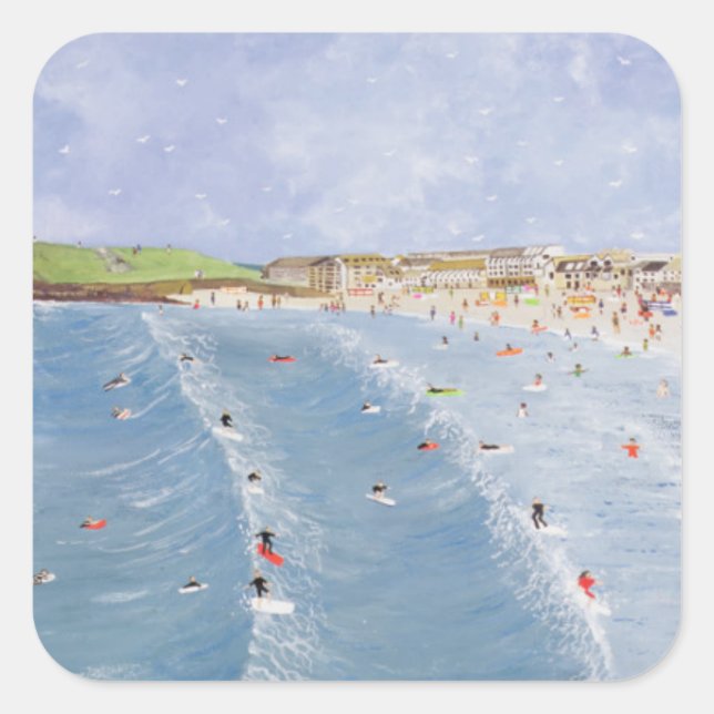 Pegatina Cuadrada Surfing en Porthmeor (Anverso)