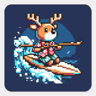 Pegatina Cuadrada Surfing Reindeer - Gracioso diseño de vacaciones e