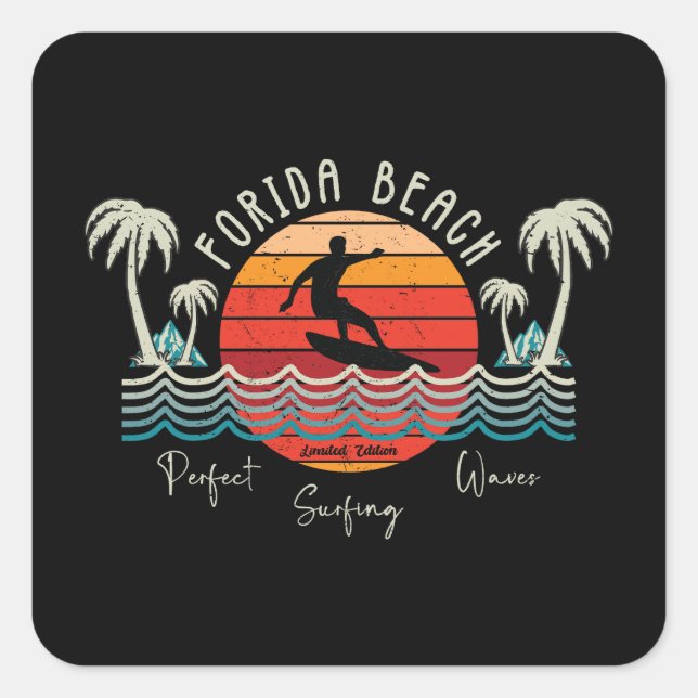 Pegatina Cuadrada Surfing Retro Florida Beach (Anverso)