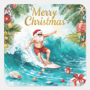 Pegatina Cuadrada Surfing Santa Feliz Navidad Costera Fiesta 