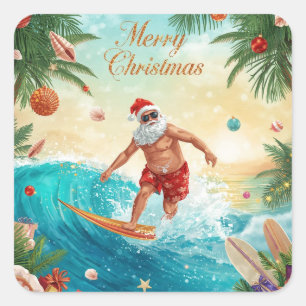 Pegatina Cuadrada Surfing Santa Feliz Navidad Fiesta Costera 