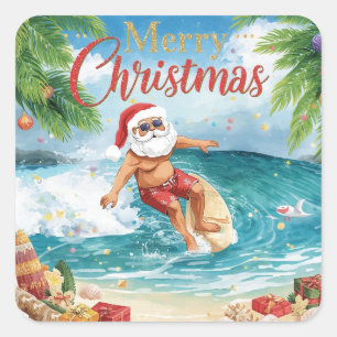 Pegatina Cuadrada Surfing Santa Feliz Navidad Fiesta Costera de Navi