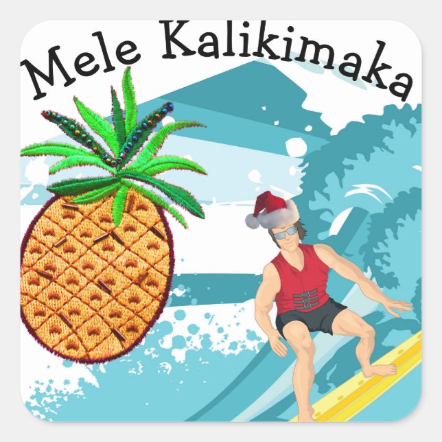 Pegatina Cuadrada Surfing Santa Mele Kalikimaka (Anverso)