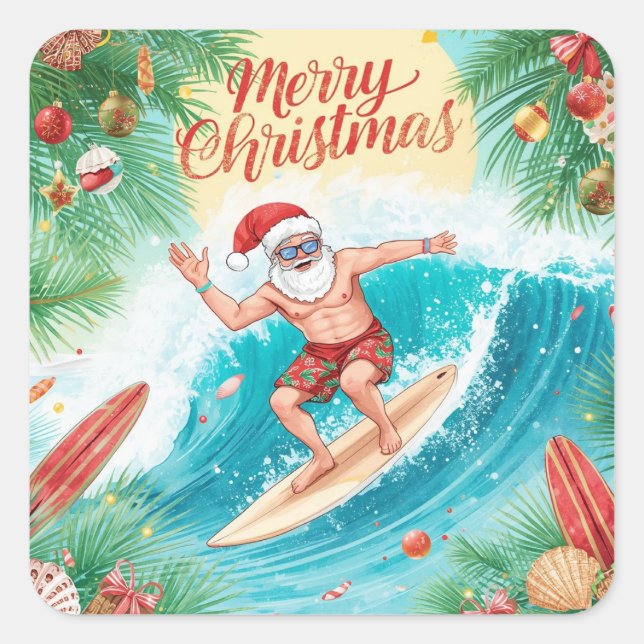 Pegatina Cuadrada Surfing Santa Merry Christmas Coastal Holiday  (Anverso)