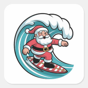 Pegatina Cuadrada Surfing Santa Navidad Surfista Playa Vacaciones