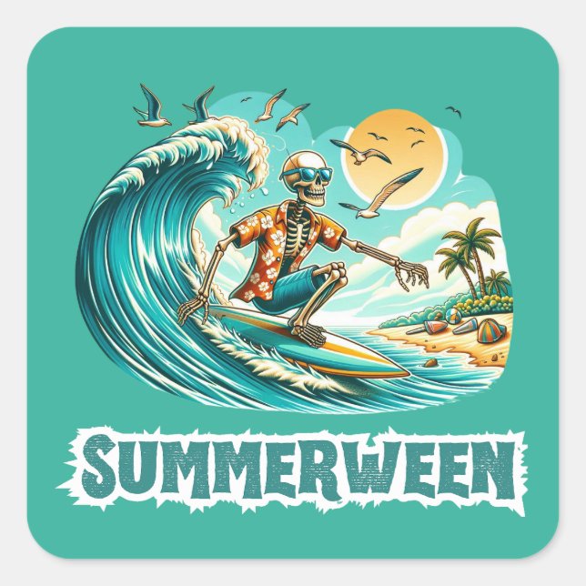 Pegatina Cuadrada Surfing Skeleton Summerween Beach Vibes (Anverso)
