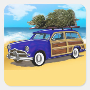 Pegatina Cuadrada Surfing Woodie con árbol de Navidad