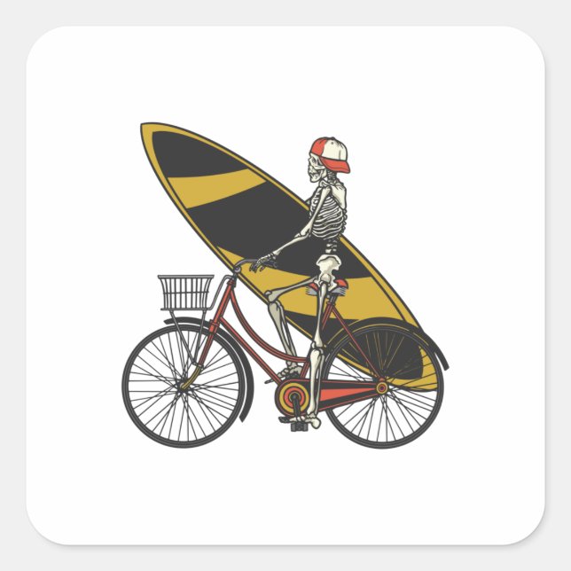 Pegatina Cuadrada Surfista de Skeleton con Surfboard (Anverso)