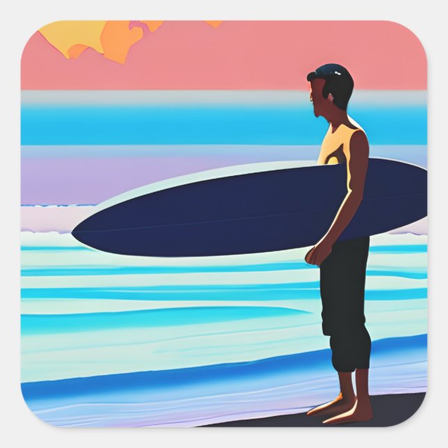 Pegatina Cuadrada Surfista en una playa al atardecer (Anverso)