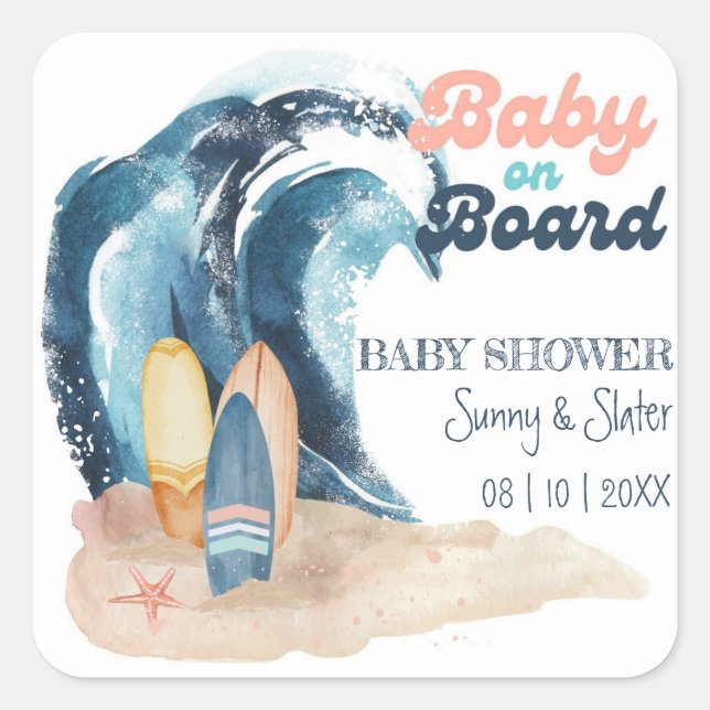 Pegatina Cuadrada Surf's Up | Baby On Board Beach Baby Shower (Anverso)