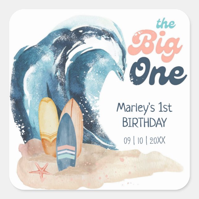 Pegatina Cuadrada Surf's Up | El primer cumpleaños de The Big One Be (Anverso)