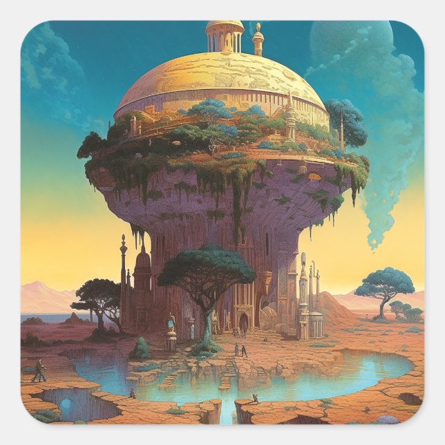 Pegatina Cuadrada Surreal Fantasy City (Anverso)