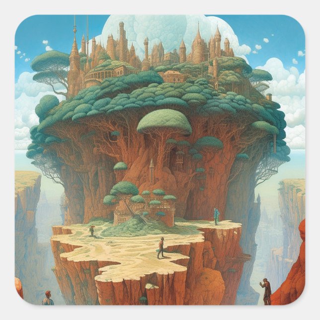 Pegatina Cuadrada Surreal Fantasy City (Anverso)