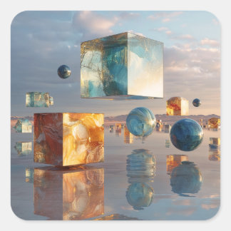 Pegatina Cuadrada Surreal Floating Cubes And Spheres