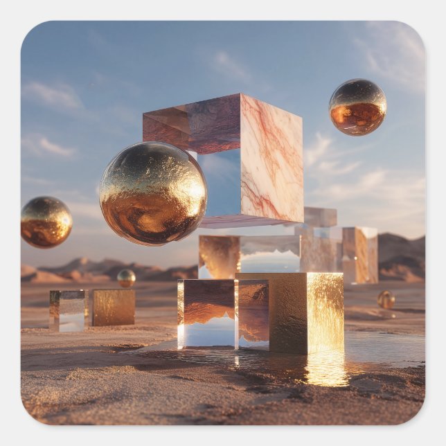 Pegatina Cuadrada Surreal Geometric Composition With Golden Spheres (Anverso)