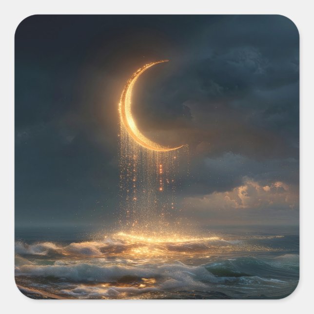 Pegatina Cuadrada Surreal Golden Crescent Moon Above Ocean (Anverso)