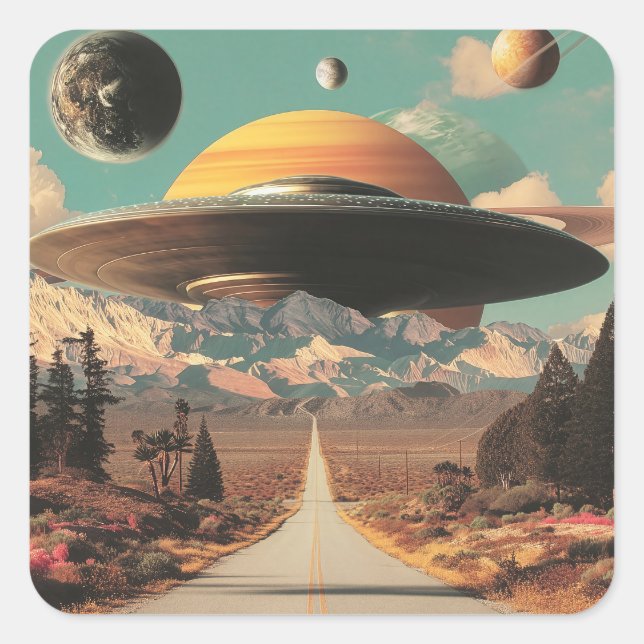 Pegatina Cuadrada Surreal Landscape with Road, UFO and Saturn  (Anverso)